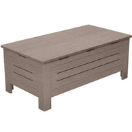 The Mainstay Storage Coffee Table by Ledge Lounger is a wooden chest ideal for outdoor spaces, featuring a simple design with horizontal slats, a flat lid, and sturdy legs in a natural wood finish. It provides ample storage while offering a classic and functional look.