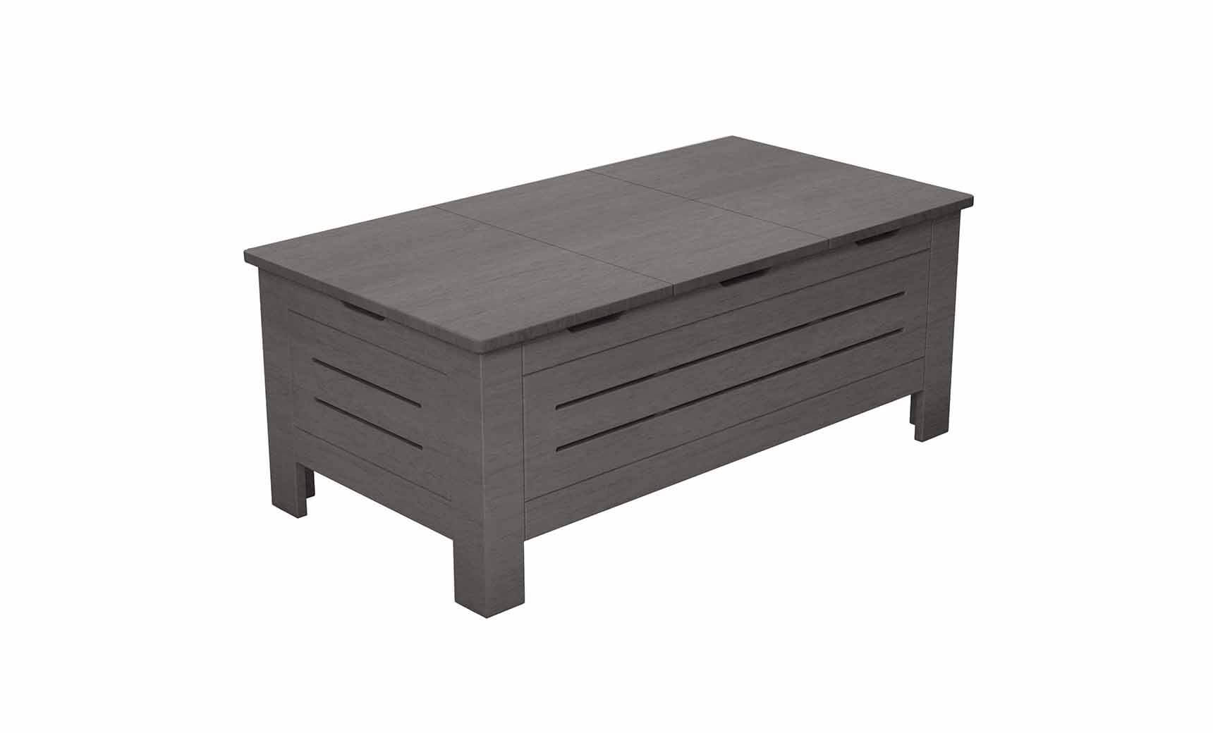 The Ledge Lounger Mainstay Storage Coffee Table features a gray wooden rectangular design with a hinged lid and slatted sides for ample storage. It stands on four short legs, adding style to any outdoor living area.