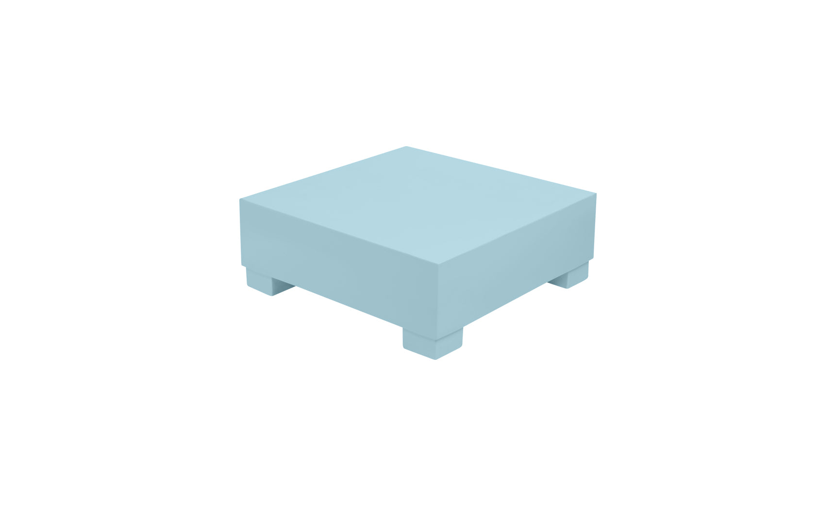 A Signature Coffee Table by Ledge Lounger, cubic in shape and light blue, elegantly rests on four short legs against a plain white background.