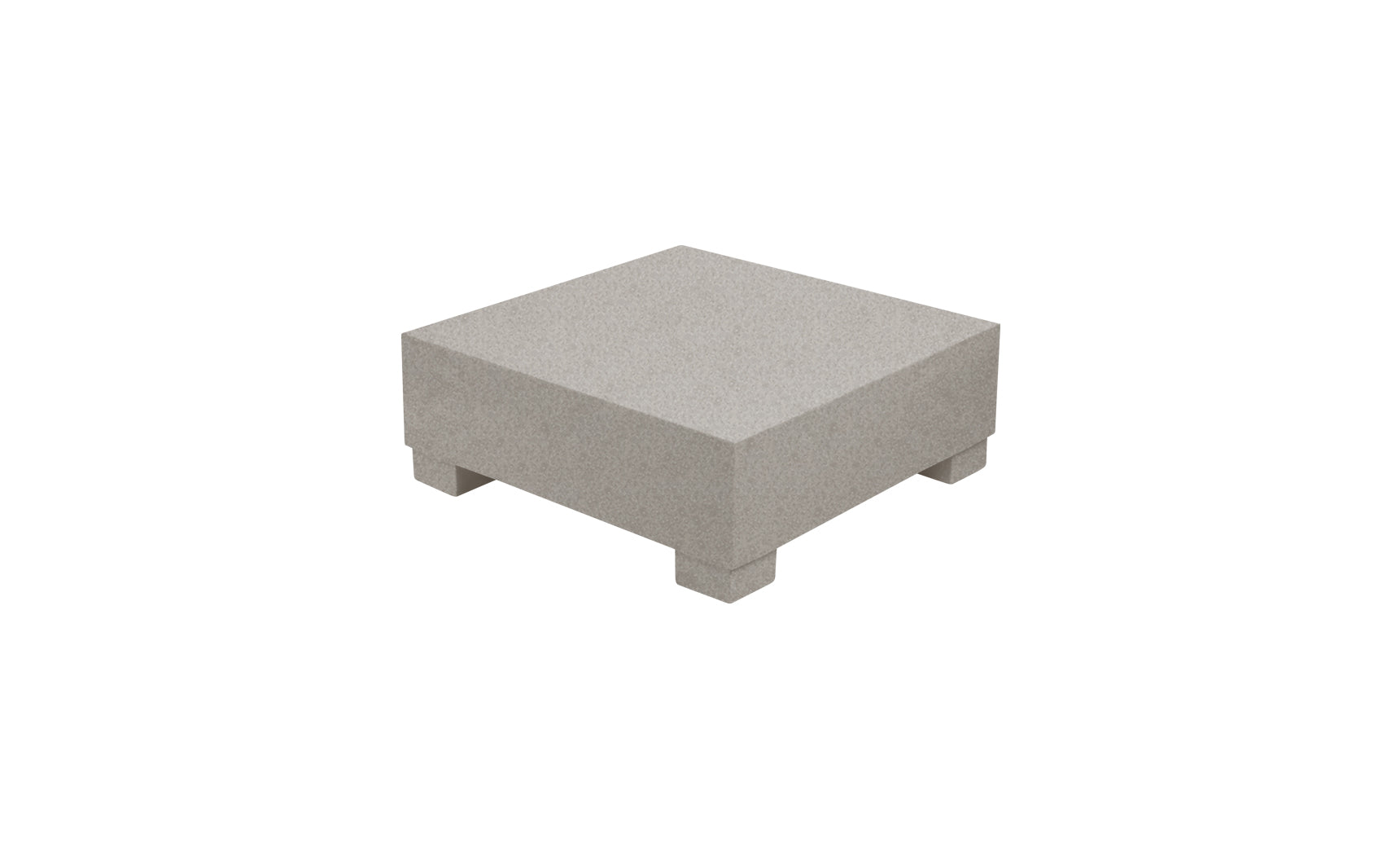 The Signature Coffee Table by Ledge Lounger is a square, grey stone pedestal with four short feet, making it an elegant piece perfect for complementing your poolside essentials against a pristine white backdrop.