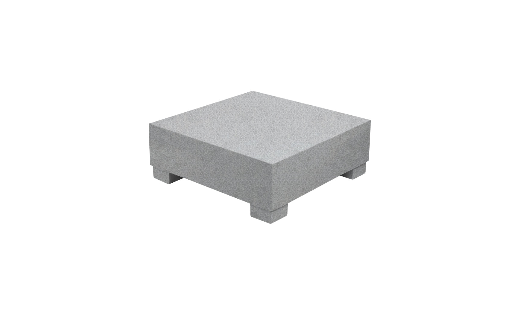 A square gray stone pedestal, similar to the Ledge Lounger Signature Coffee Table, is featured against a white background with four short legs.