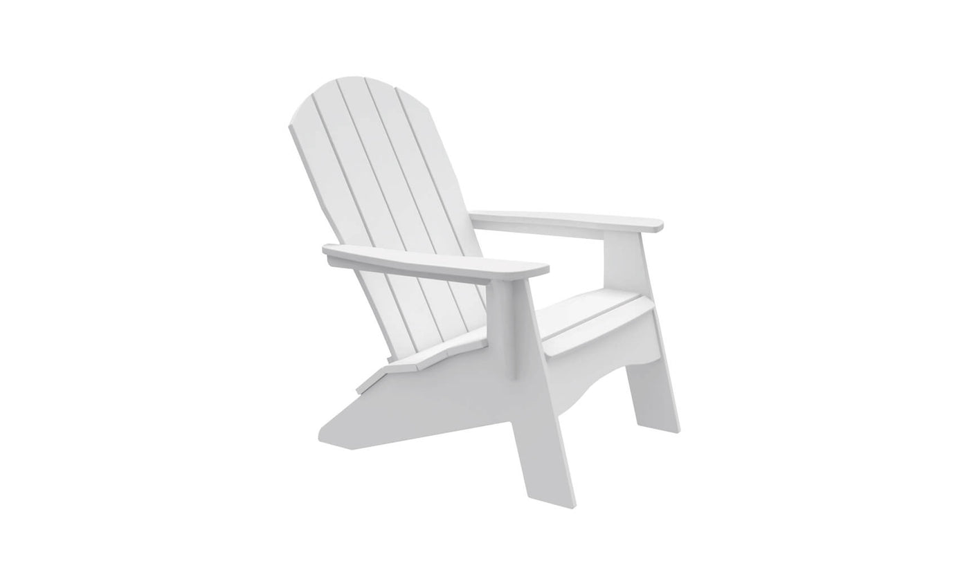 The Legacy Adirondack by Ledge Lounger is a white chair with a slatted backrest and wide armrests, ideal for patio gatherings. Its classic design in wood or similar material stands out against a plain white background.