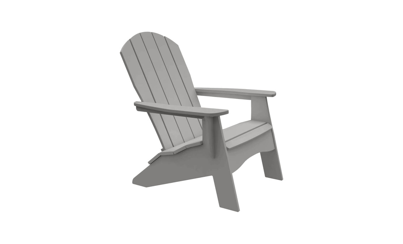 The Legacy Adirondack by Ledge Lounger, shown on a plain white background in gray, features a slatted backrest and wide armrests. Ideal for patio gatherings, it offers a slightly reclined seat and simple, classic design.