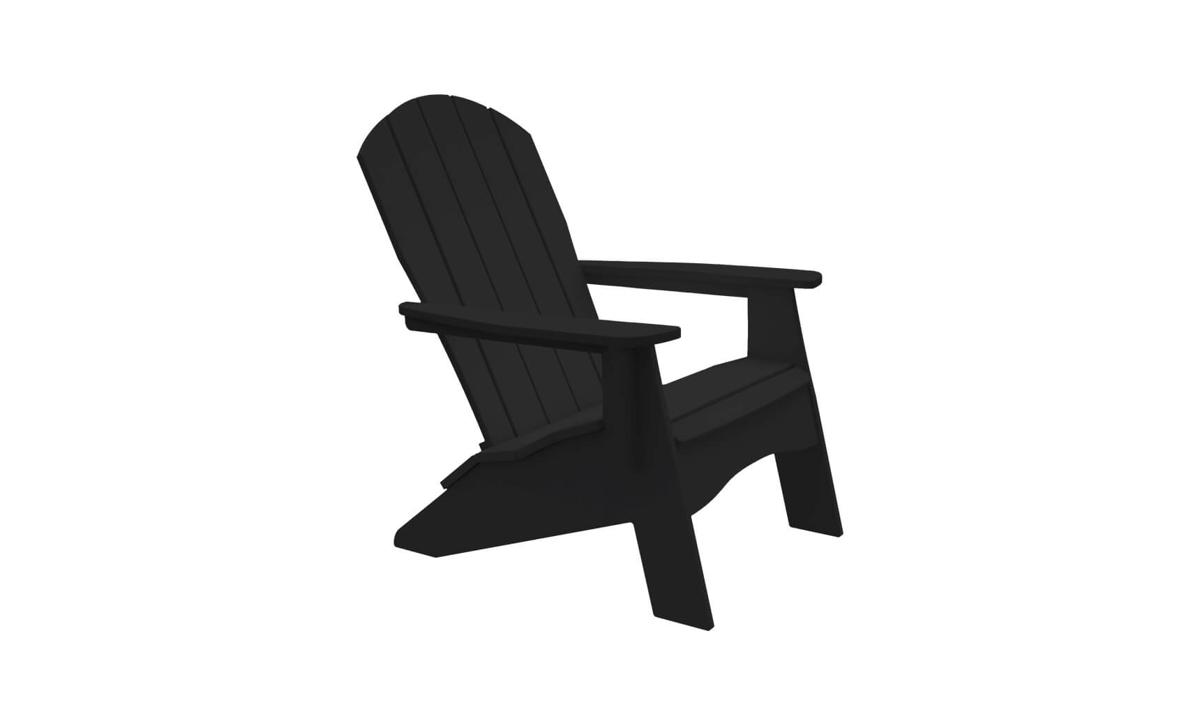 The Legacy Adirondack chair by Ledge Lounger, in black with a slatted back and wide armrests, is perfect for patio gatherings and is shown slightly angled against a white background.