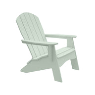 The Legacy Adirondack by Ledge Lounger is a pastel green chair perfect for patio gatherings, featuring wide armrests, a slatted backrest, flat angled legs, and a slightly reclined seat. Ideal for outdoor relaxation against a plain white backdrop.