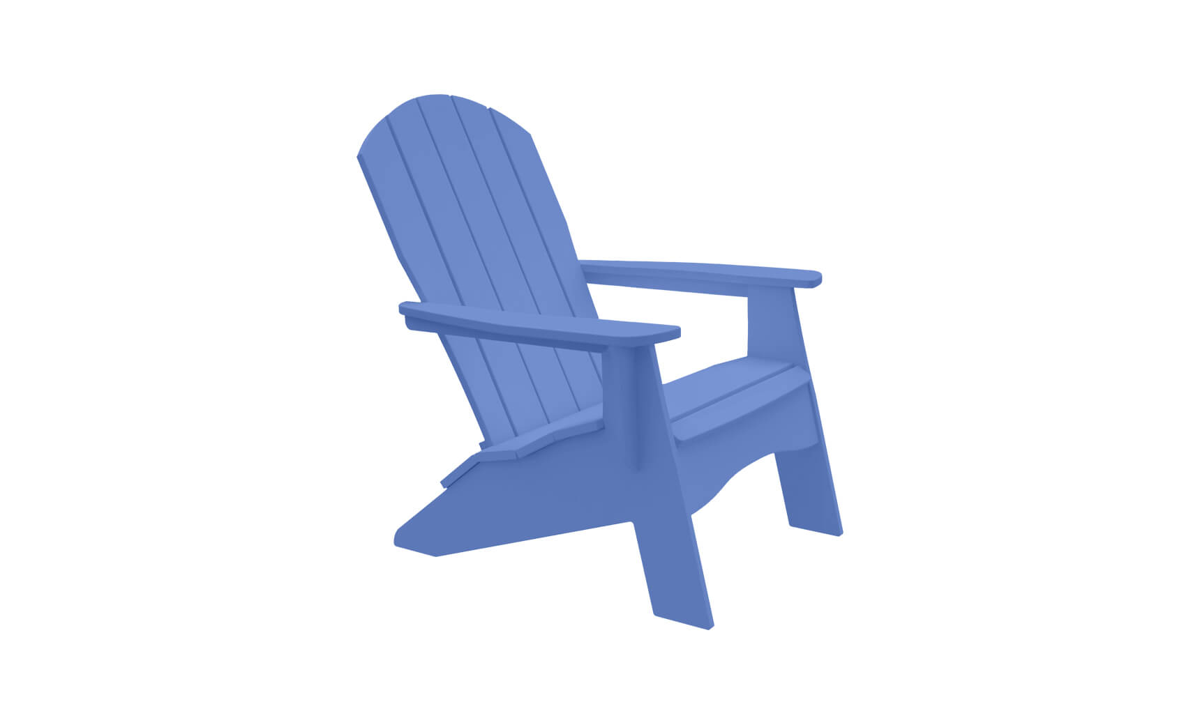 The Ledge Lounger Legacy Adirondack chair, in blue, is angled slightly to the right on a plain white background, highlighting its wide armrests and slatted backrest—ideal for patio gatherings.