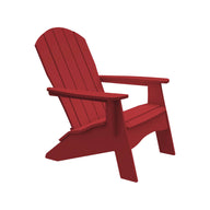 The Legacy Adirondack by Ledge Lounger is a red chair with wide armrests and a slatted back, angled slightly left. Ideal for patio gatherings, this classic outdoor furniture piece is isolated on a white background.