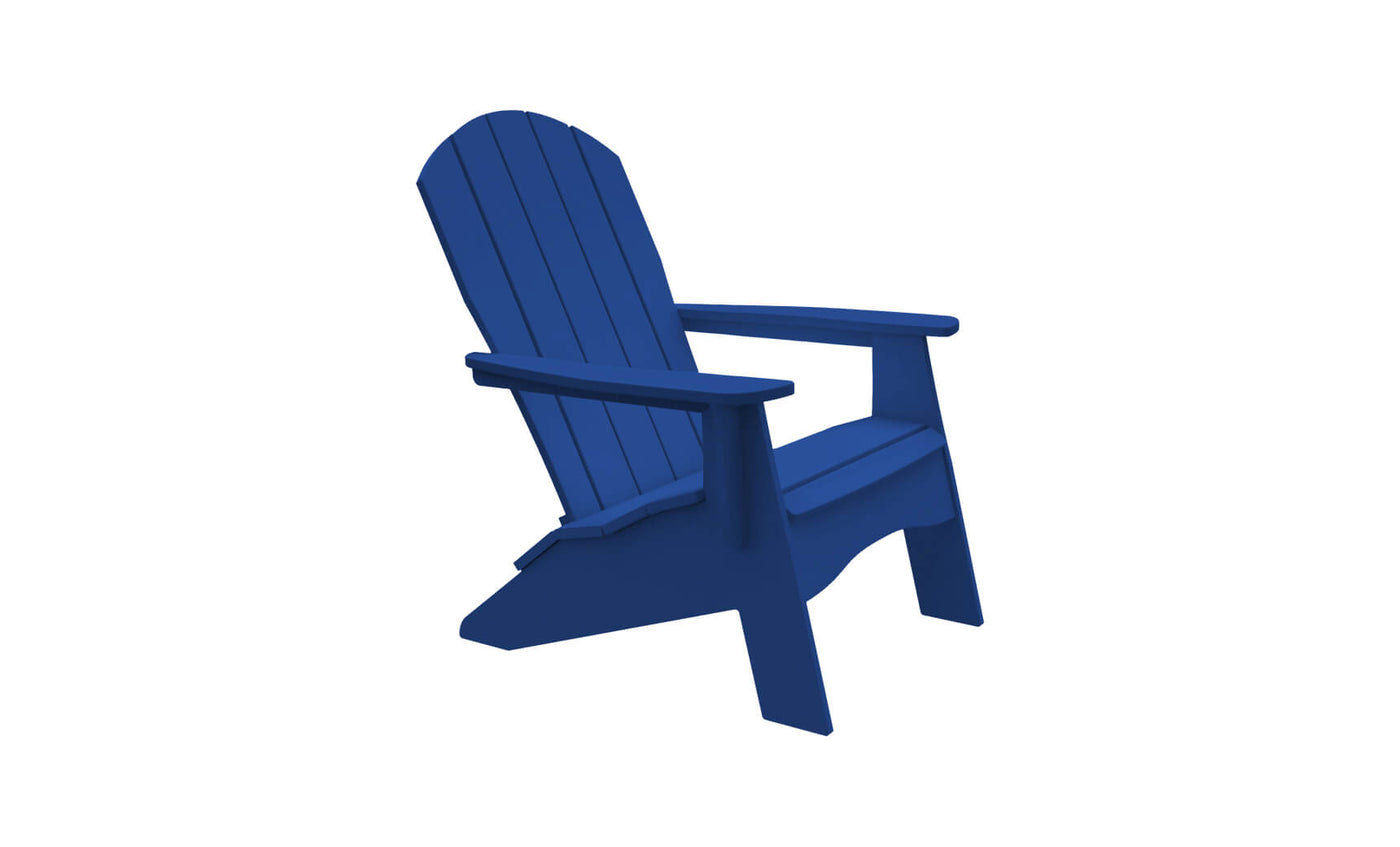 The Legacy Adirondack by Ledge Lounger is a blue chair featuring a slatted backrest and wide armrests, ideal for patio gatherings, set on a white background.