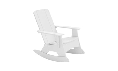 The Ledge Lounger Mainstay Adirondack Rocker, featuring stainless steel hardware, boasts a high back and wide armrests. Its classic white wooden design enhances any outdoor space and is elegantly showcased against a pristine white background from a side angle.