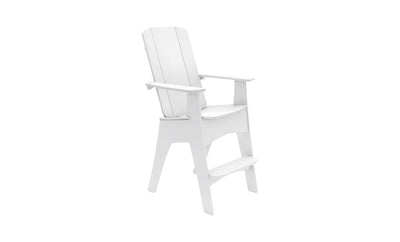 The Mainstay Adirondack Tall by Ledge Lounger is a white wooden chair featuring a high backrest, armrests, and footrest. Set on a plain white background, this sturdy outdoor lounge seat is perfect for relaxation with its simple design typical of outdoor furniture.