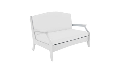 The Legacy Loveseat by Ledge Lounger is a white, modern piece featuring clean lines and cushioned comfort, with a curved backrest and armrests viewed from the front right angle. Standing on four legs, its minimalist design is perfect for any outdoor space.