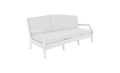 Discover the Legacy Sofa by Ledge Lounger: a modern outdoor white sofa with three cushions, a curved backrest, armrests, and a minimalist design. Crafted from durable outdoor fabrics for comfort akin to a traditional deep seat sofa.