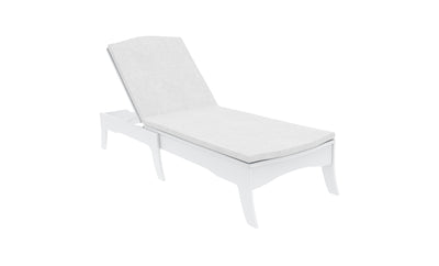 A white lounge chair with a sleek, modern design featuring smooth curves and an adjustable backrest, enhanced by the Ledge Lounger Legacy Chaise Cushion. Crafted for customization with durable outdoor fabric, it offers lasting elegance against a white background.