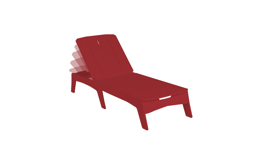 Illustration of a vibrant red adjustable Mainstay Chaise by Ledge Lounger, ideal for outdoor use. The backrest is shown in multiple reclining positions on a crisp white backdrop, emphasizing its adjustability.