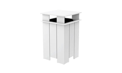The Mainstay Trash Bin by Ledge Lounger is a tall, white, boxy planter with vertical slats and a flat top featuring a black inner pot. Ideal for indoor or outdoor use, it boasts UV-stable materials and clean lines for a modern aesthetic.