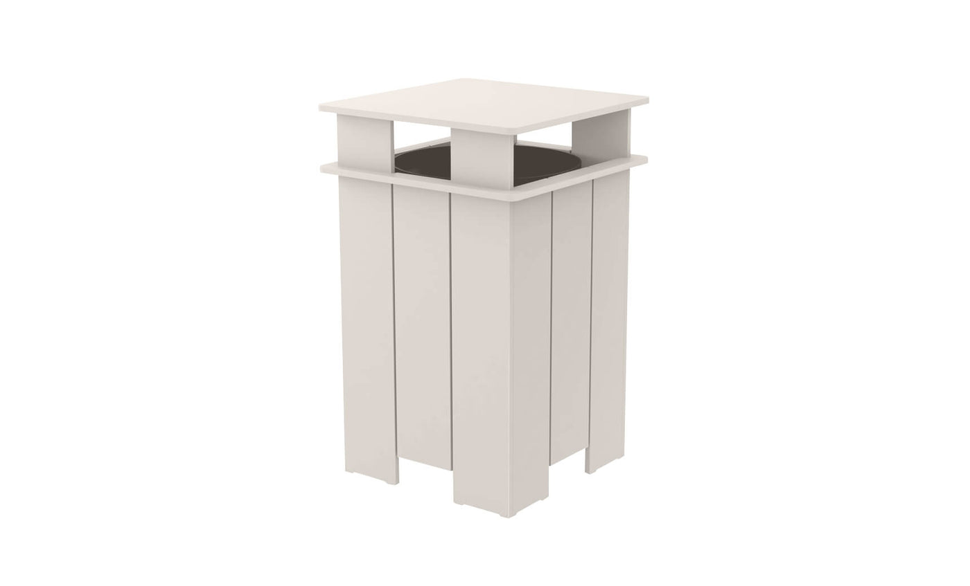 The Ledge Lounger Mainstay Trash Bin, on final sale, is a beige rectangular outdoor can with an open top and four wide vertical slats, featuring a flat square cover supported by short horizontal beams.