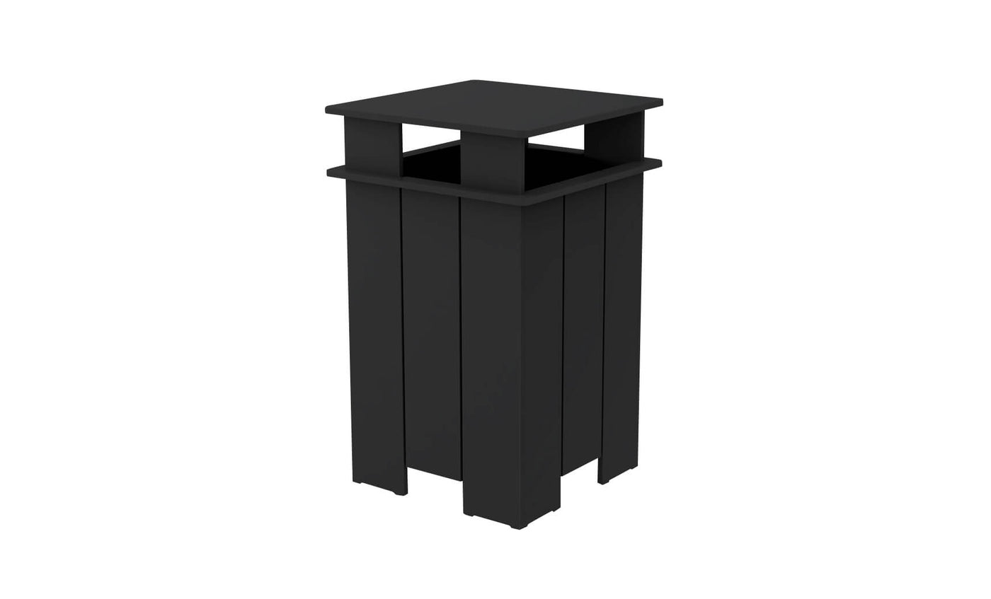 The Ledge Lounger Mainstay Trash Bin is a tall, black, rectangular outdoor trash can featuring vertical slats and an open top. Made with UV stable materials, its sleek modern design is ideal for public spaces or gardens.