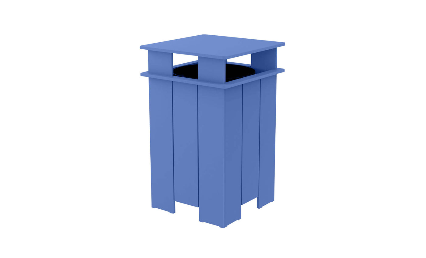 A blue, rectangular Mainstay Trash Bin by Ledge Lounger, featuring a slatted design and an open top. Final sale.