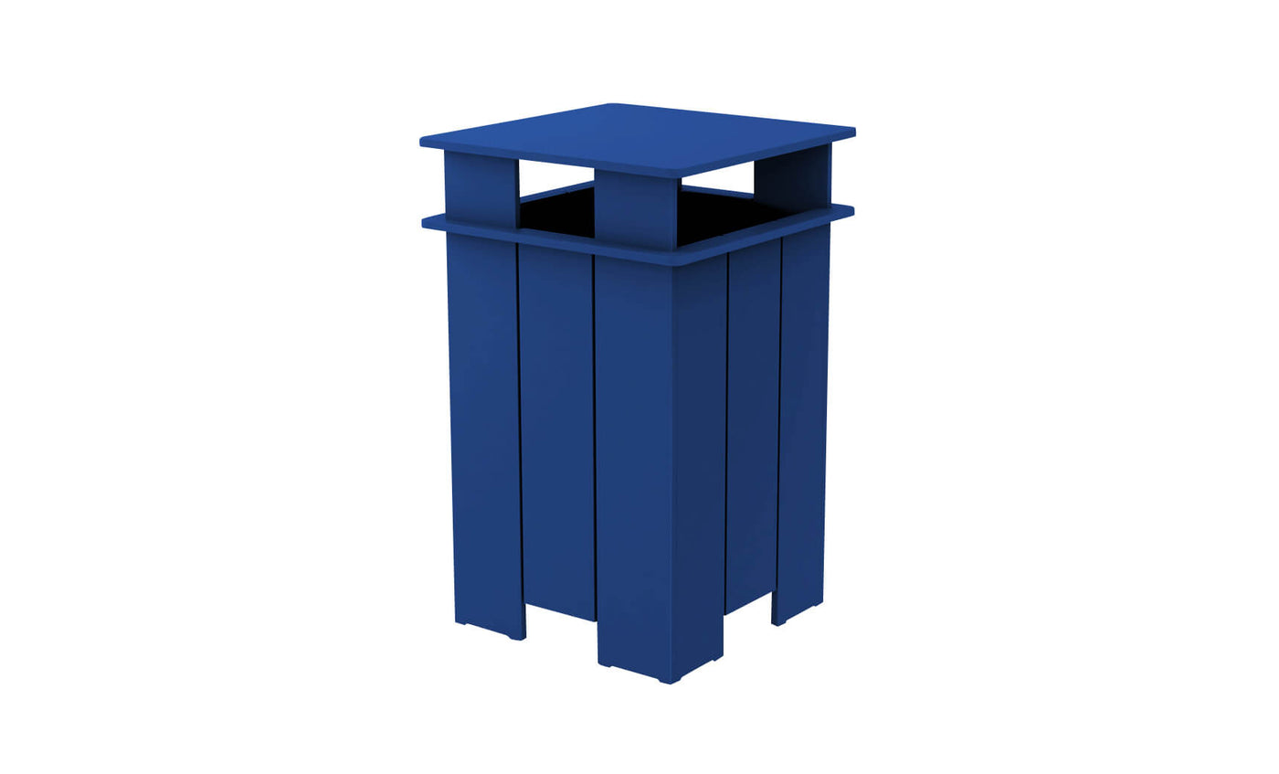 The Mainstay Trash Bin by Ledge Lounger is a blue, tall, square patio trash can featuring a slatted design and open top. It stands on four sturdy legs and is crafted from UV stable materials.