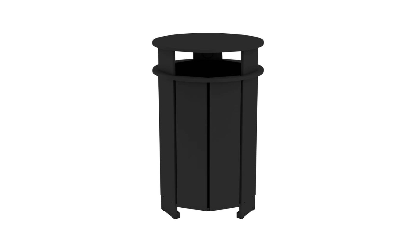 The Mainstay Trash Bin by Ledge Lounger is a black, cylindrical patio trash can featuring a flat lid and vertical panel design. Made from UV stable materials, it has an open top for easy disposal and sits securely on any flat surface.