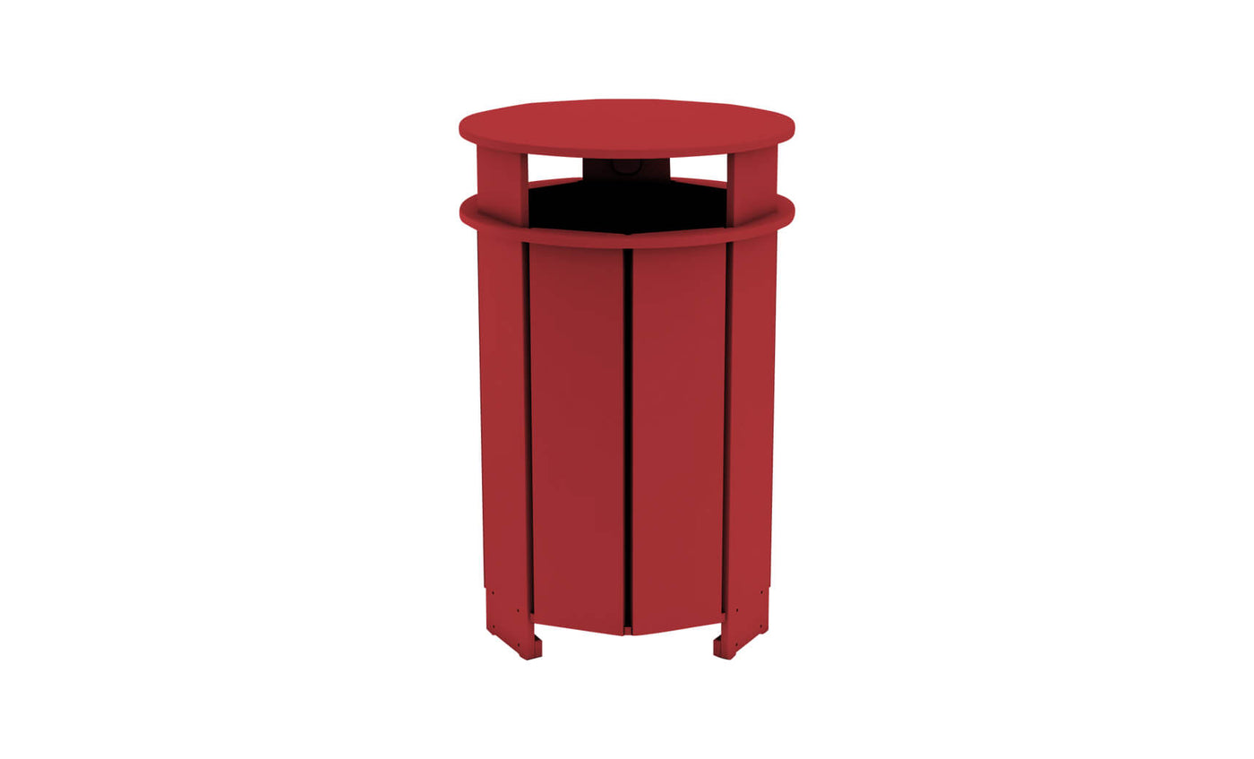 The Ledge Lounger Mainstay Trash Bin is a UV stable red cylindrical outdoor trash can with vertical slats and a round top cover, ideal for public spaces or patios. Its base is slightly elevated on small legs for added stability and style.