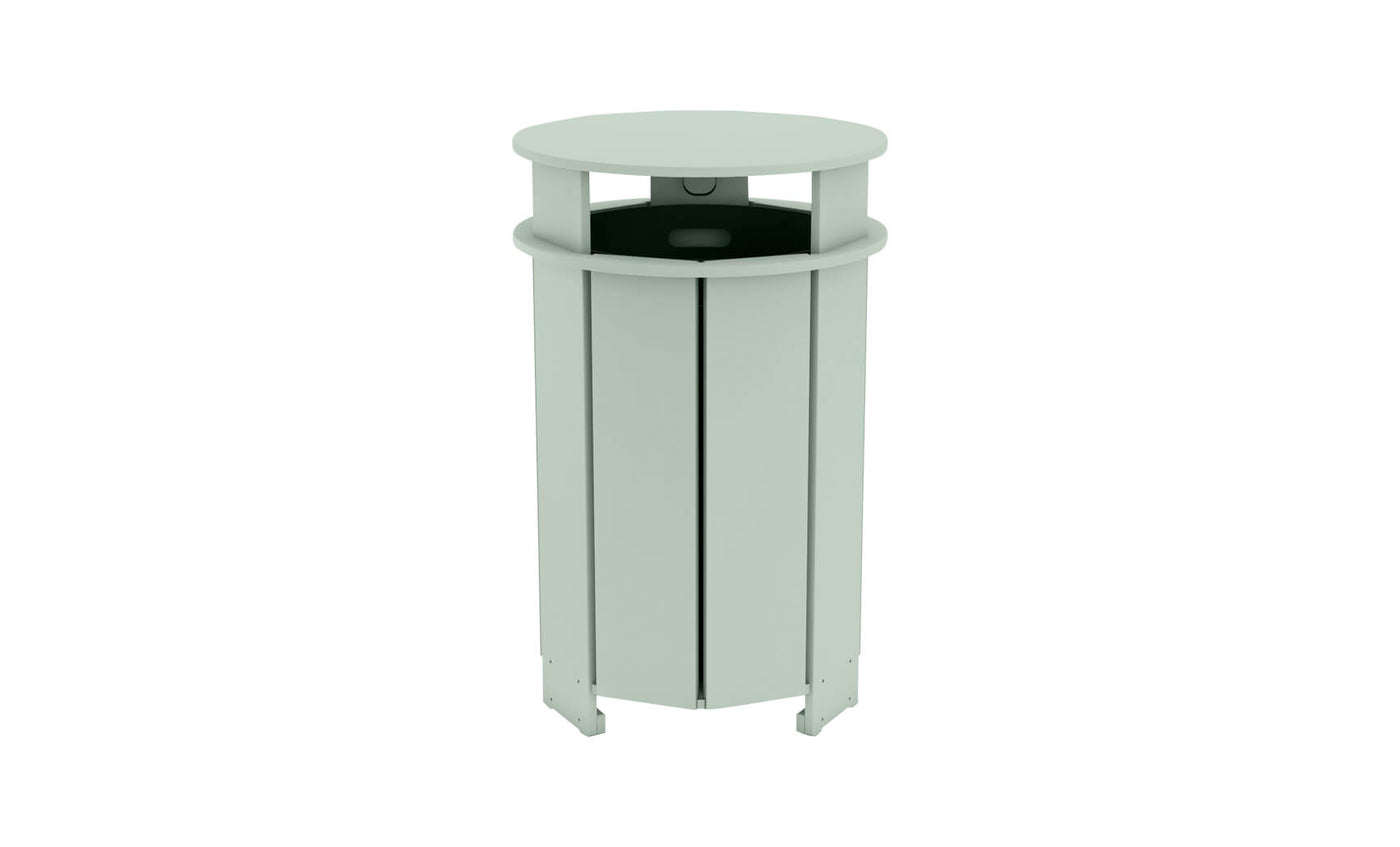 The Mainstay Trash Bin by Ledge Lounger is a light green, cylindrical outdoor trash can with vertical paneling, an open-top lid, circular top, and narrow waste disposal opening. Final Sale.
