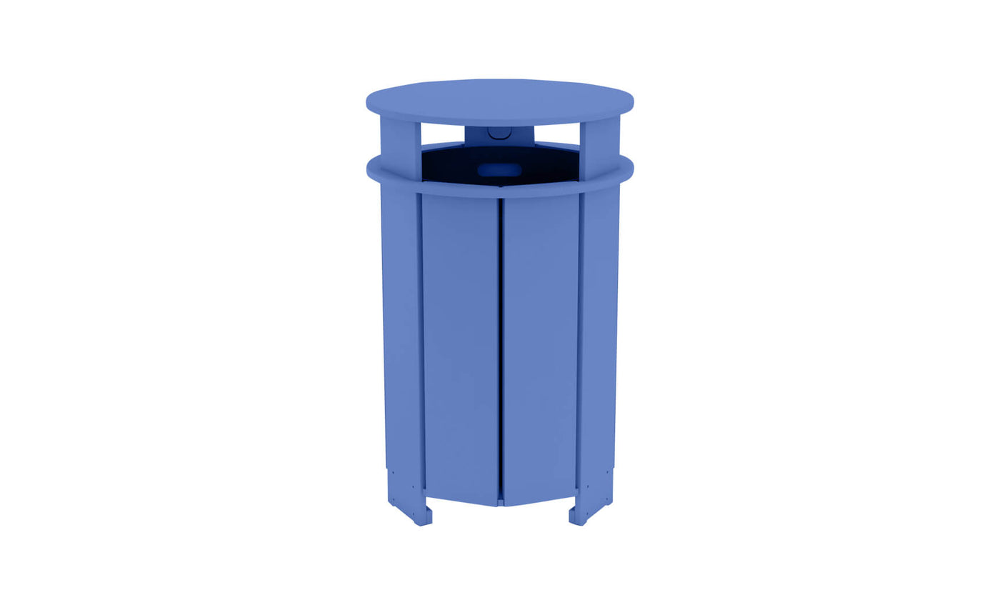 The Mainstay Trash Bin by Ledge Lounger is a blue, cylindrical patio can with vertical slats and a round covered top, made from UV stable materials for lasting outdoor use.