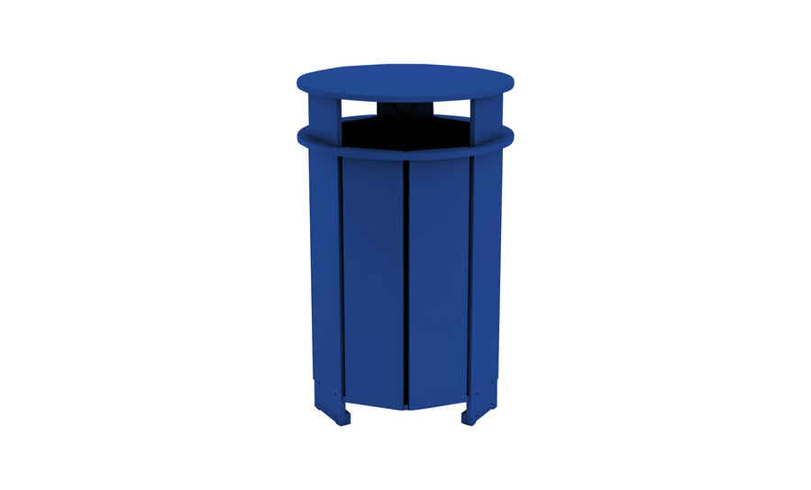 The Mainstay Trash Bin by Ledge Lounger is a durable blue cylindrical trash can with vertical slats and an open top, ideal for outdoor use. Final Sale.