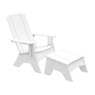 A Ledge Lounger showcases the Mainstay Adirondack Ottoman alongside a white Adirondack chair on a plain white background. Made of high-quality materials, its sleek, minimalist design with simple slats offers an elegant look ideal for any outdoor patio setting.