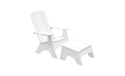A Ledge Lounger showcases the Mainstay Adirondack Ottoman alongside a white Adirondack chair on a plain white background. Made of high-quality materials, its sleek, minimalist design with simple slats offers an elegant look ideal for any outdoor patio setting.