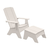 The Mainstay Adirondack Chair and matching Ottoman by Ledge Lounger, both in white, showcase a slatted design made from high-quality materials. Perfect for outdoor patios, the chair features wide armrests and a slight recline, while the rectangular ottoman complements its modern style.