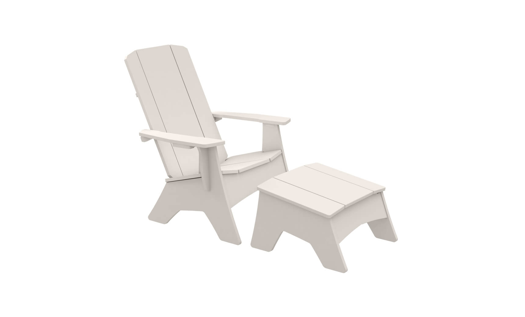 The Mainstay Adirondack Chair and matching Ottoman by Ledge Lounger, both in white, showcase a slatted design made from high-quality materials. Perfect for outdoor patios, the chair features wide armrests and a slight recline, while the rectangular ottoman complements its modern style.