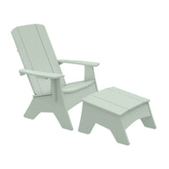 The light green Ledge Lounger Adirondack chair comes with a matching Mainstay Adirondack Ottoman, ideal for any patio. Both pieces feature slatted designs, high backrests, wide armrests, and are crafted from high-quality materials for durable, angled structures.