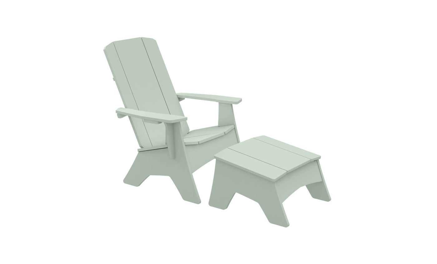 The light green Ledge Lounger Adirondack chair comes with a matching Mainstay Adirondack Ottoman, ideal for any patio. Both pieces feature slatted designs, high backrests, wide armrests, and are crafted from high-quality materials for durable, angled structures.