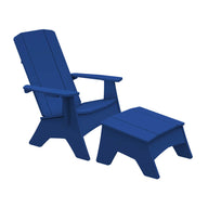 The Mainstay Adirondack Ottoman by Ledge Lounger complements a blue Adirondack chair, featuring an angled backrest and wide armrests. Crafted from high-quality materials with a simple, sturdy design, they are perfect for enhancing your outdoor patio against a pristine white background.