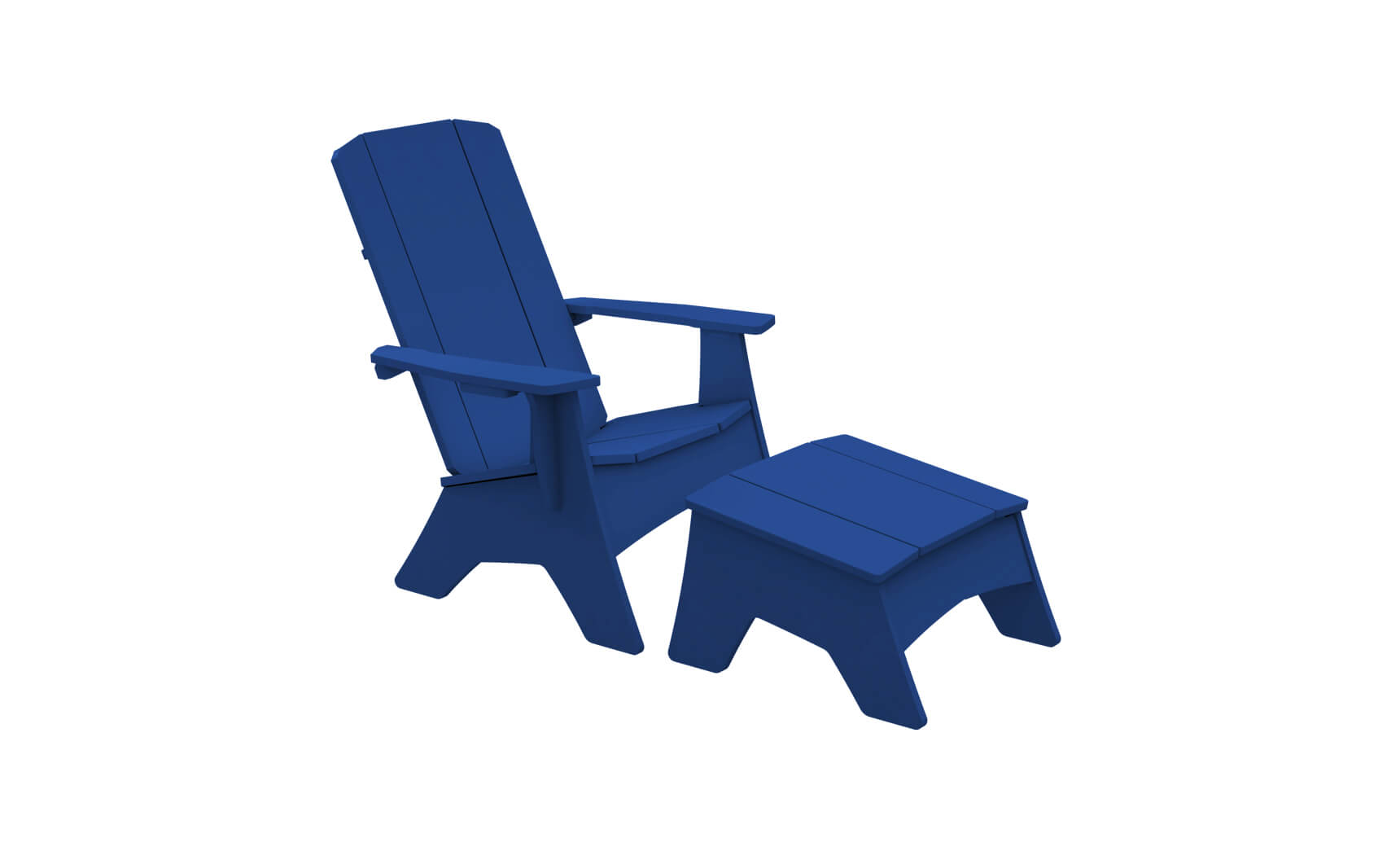 The Mainstay Adirondack Ottoman by Ledge Lounger complements a blue Adirondack chair, featuring an angled backrest and wide armrests. Crafted from high-quality materials with a simple, sturdy design, they are perfect for enhancing your outdoor patio against a pristine white background.
