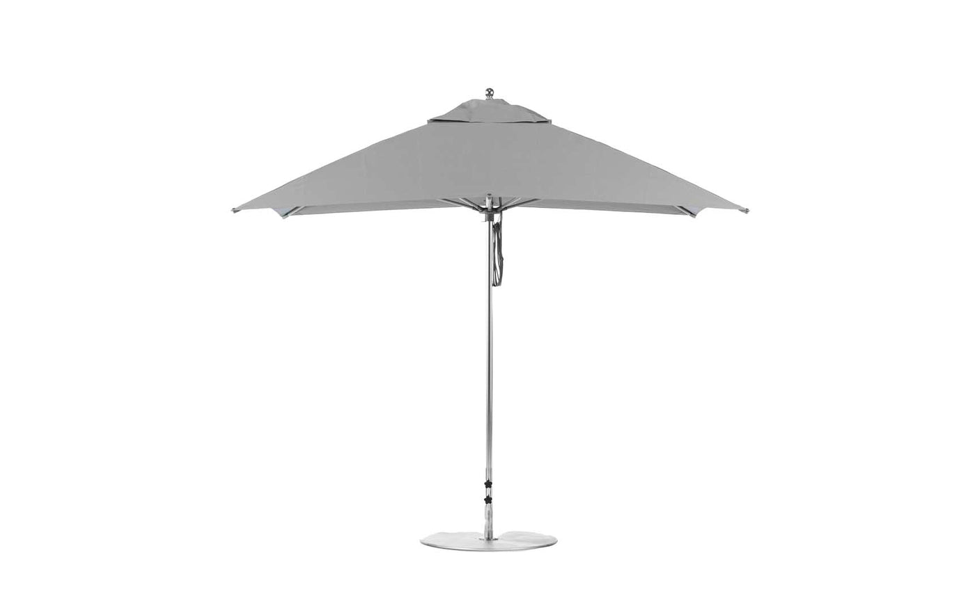 The Ledge Lounger Essential Fiberglass Umbrella - 10 Square Pulley features a gray marine-grade fabric canopy and a slim metal pole on a sturdy base. Displayed fully open, it boasts a simple, modern design against a plain white background.
