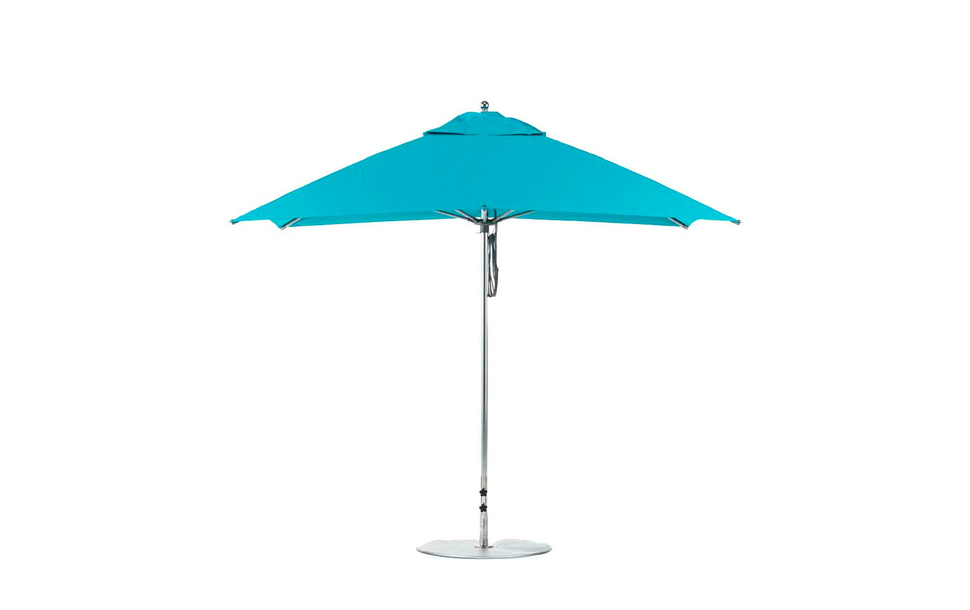 The Essential Fiberglass Umbrella - 10 Square Pulley by Ledge Lounger, in bright turquoise with marine-grade fabrics, a sleek silver pole, and a round durable base, stands open against a plain white background, showcasing its simple modern design.