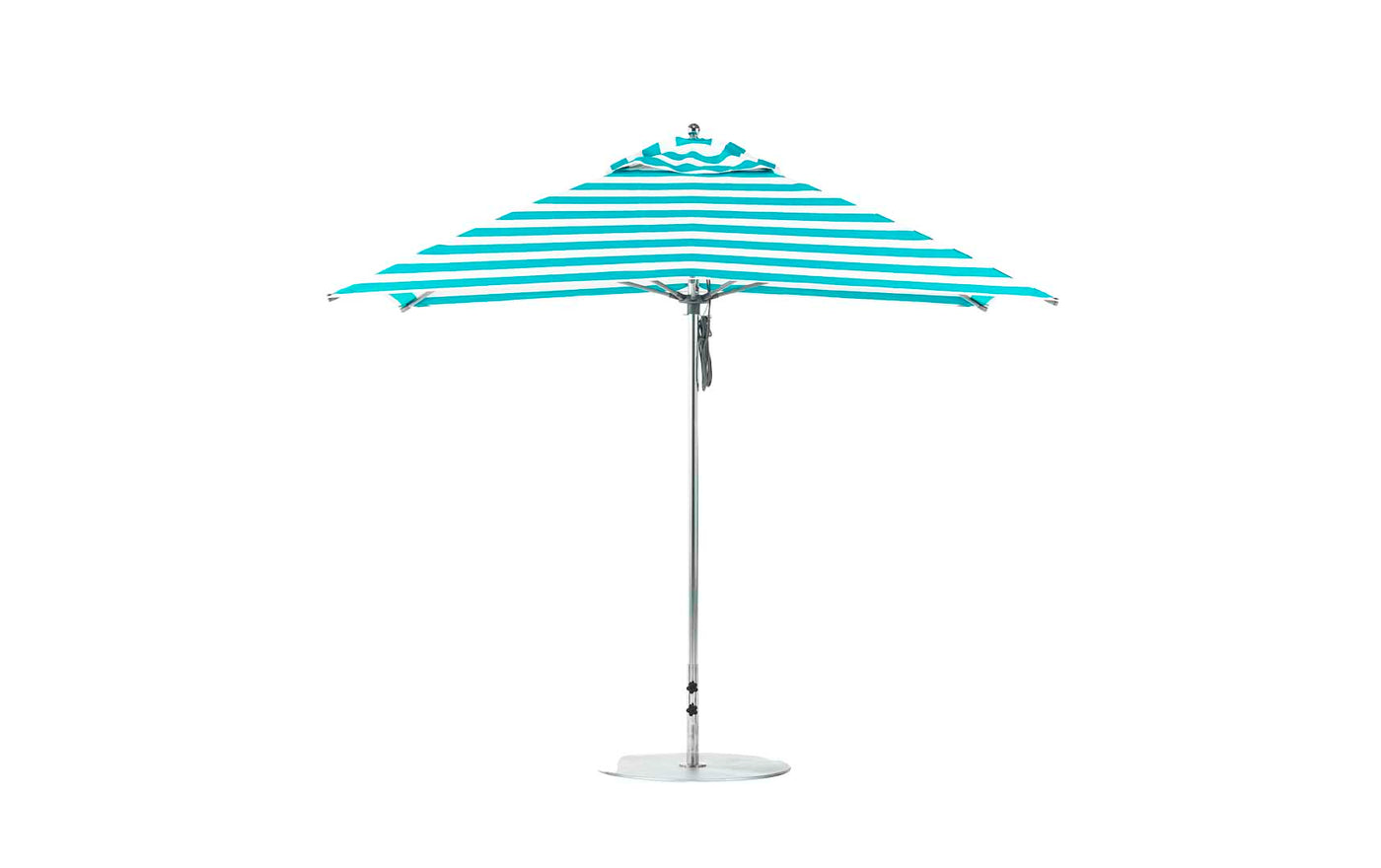 The Ledge Lounger Essential Fiberglass Umbrella - 10 Square Pulley features blue and white stripes standing upright on a sturdy metal stand, crafted with marine-grade fabrics that ensure durability.