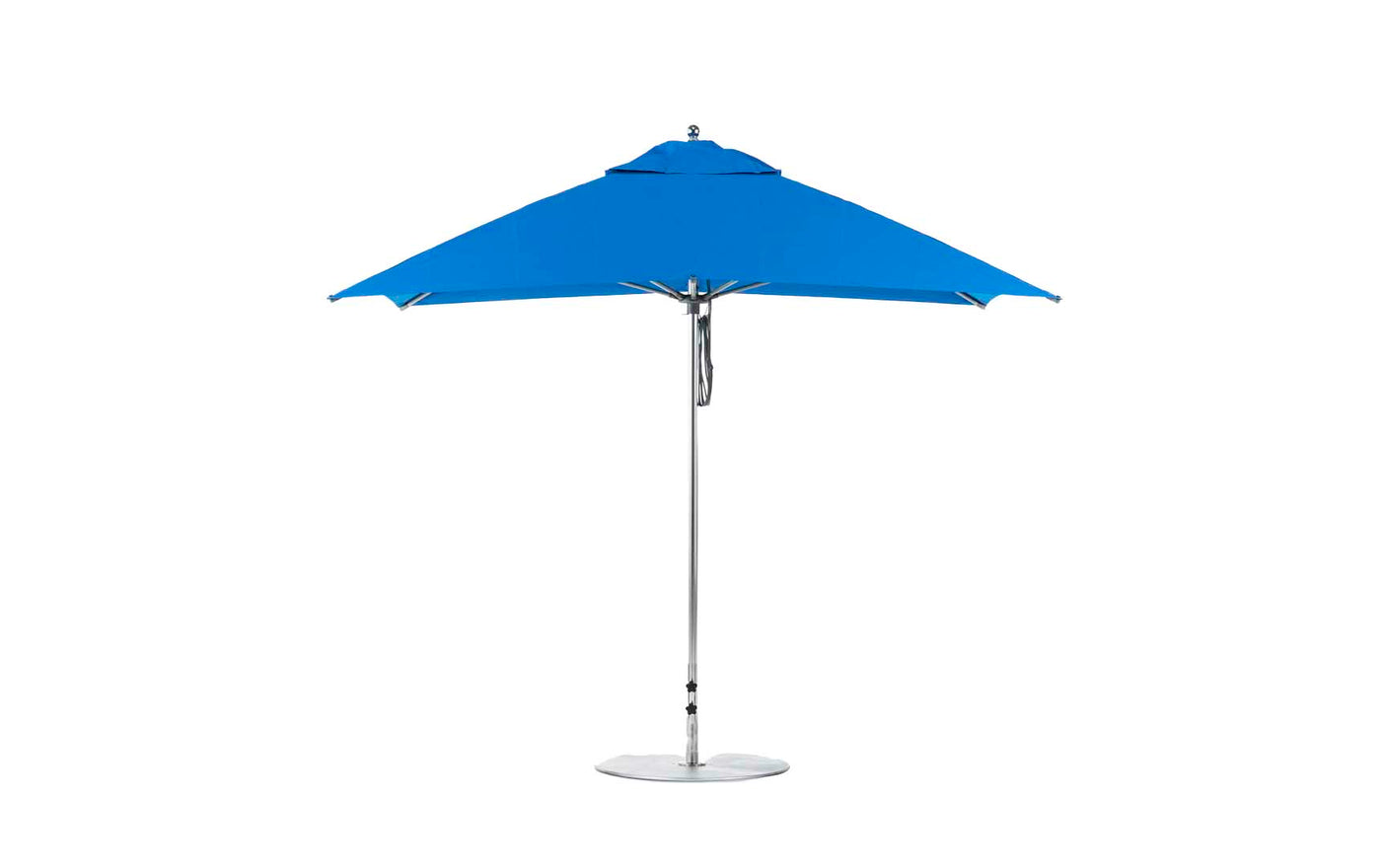 The Ledge Lounger Essential Fiberglass Umbrella - 10 Square Pulley, with a marine-grade fabric canopy in blue and supported by a metal pole, is fully open against a white background.