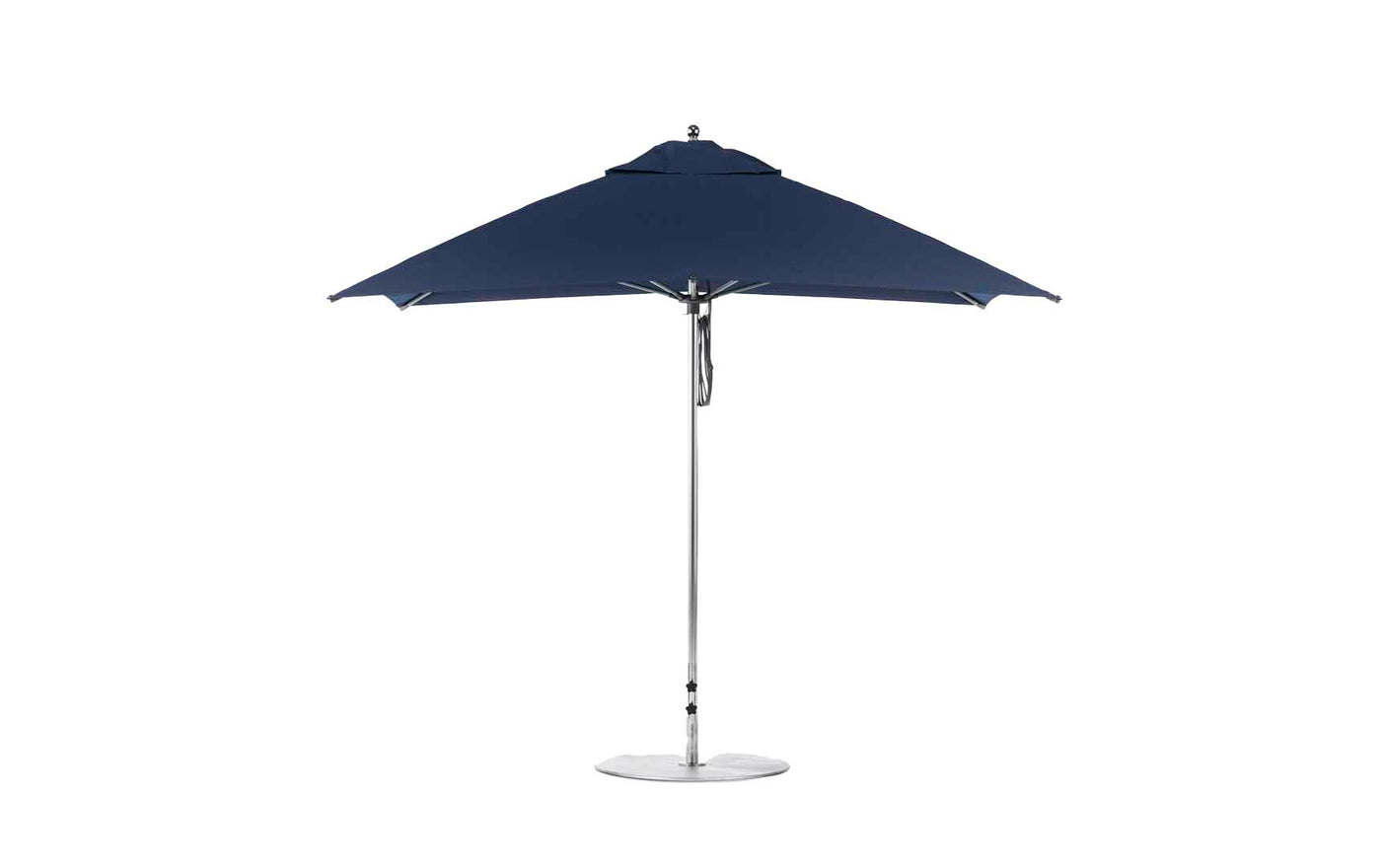 The Essential Fiberglass Umbrella - 10 Square Pulley by Ledge Lounger features marine-grade fabrics with a metal pole and base, ideal for outdoor use. Its symmetrical square shape provides durable shade against sunlight and weather elements.