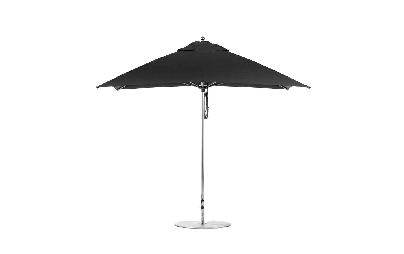 The Essential Fiberglass Umbrella - 10 Square Pulley by Ledge Lounger boasts a marine-grade fabric canopy, metal pole, and round base. Displayed open against a white background, it provides generous shade with its expansive design.
