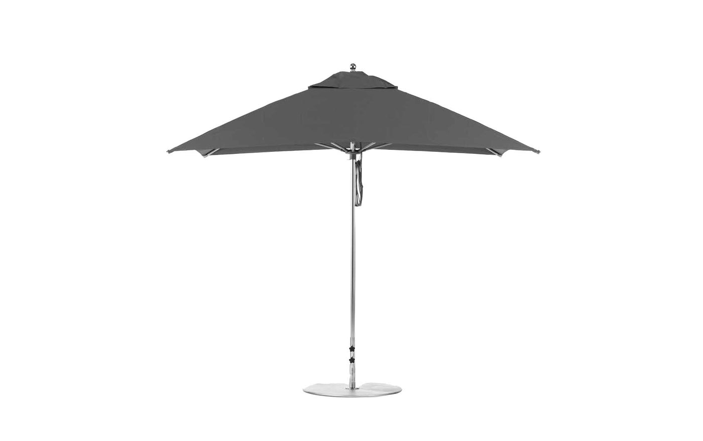 The Ledge Lounger Essential Fiberglass Umbrella - 10 Square Pulley features a durable metal pole and sturdy base. Its slightly conical marine-grade canopy provides ample shade, and its simple modern design makes it perfect for outdoor settings.