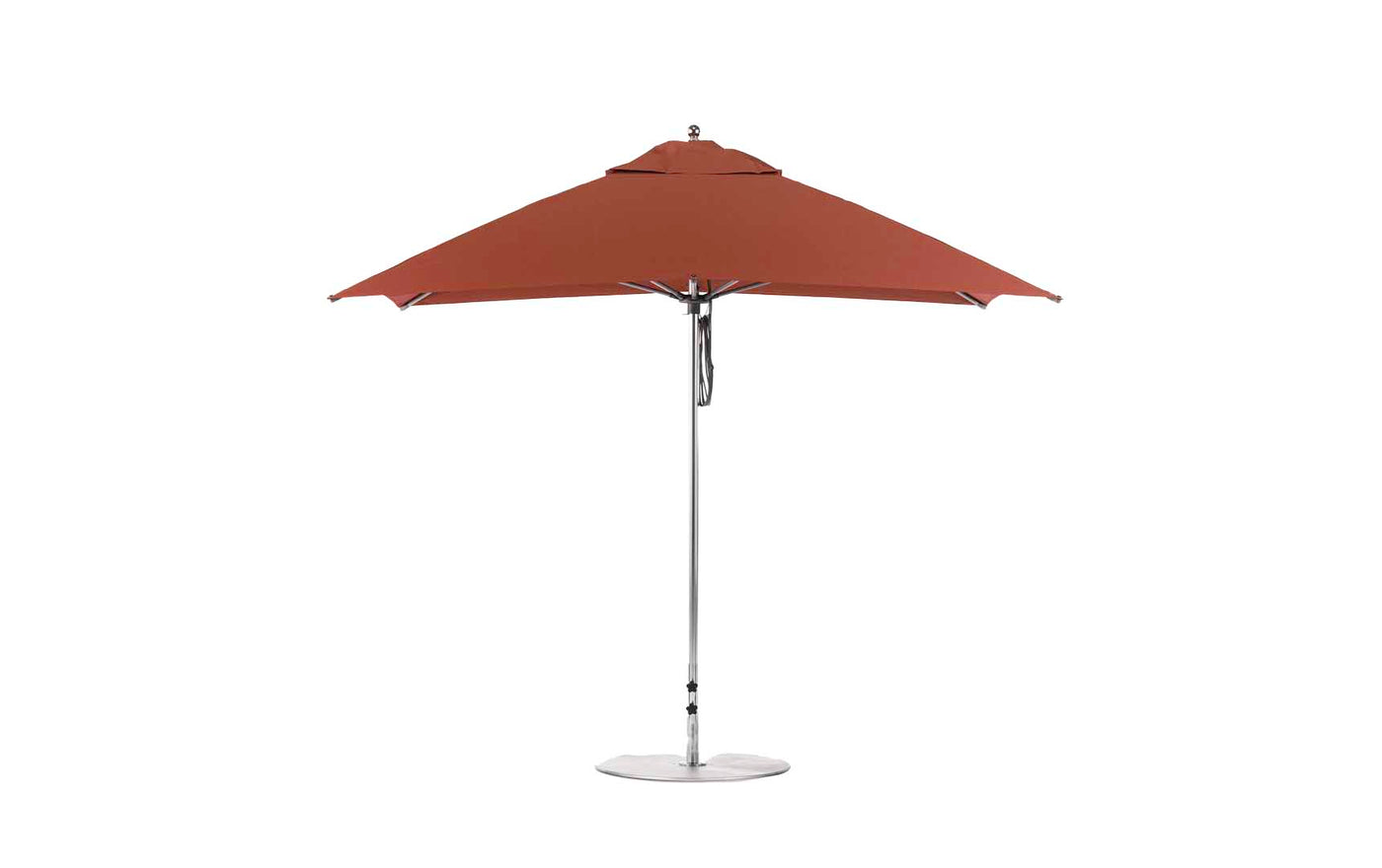 The Essential Fiberglass Umbrella - 10 Square Pulley by Ledge Lounger is shown open and upright against a white background. With its large red canopy, silver metal pole, sturdy base, marine-grade fabrics for durability, and vented top for airflow, its perfect for any patio setting.