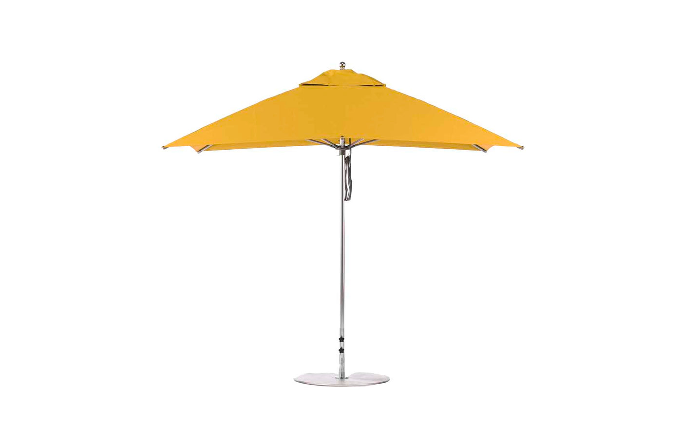 A tall, silver pole supports the Essential Fiberglass Umbrella - 10 Square Pulley by Ledge Lounger, featuring a large yellow canopy crafted from marine-grade fabrics. It stands on a circular base designed for outdoor use.