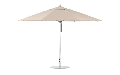 The Ledge Lounger Essential Fiberglass Umbrella features a 13 octagonal canopy in beige, supported by a durable aluminum pole with a flat, round base. Crafted from marine-grade fabrics, its elegant design provides ample shade and stands fully open and upright.