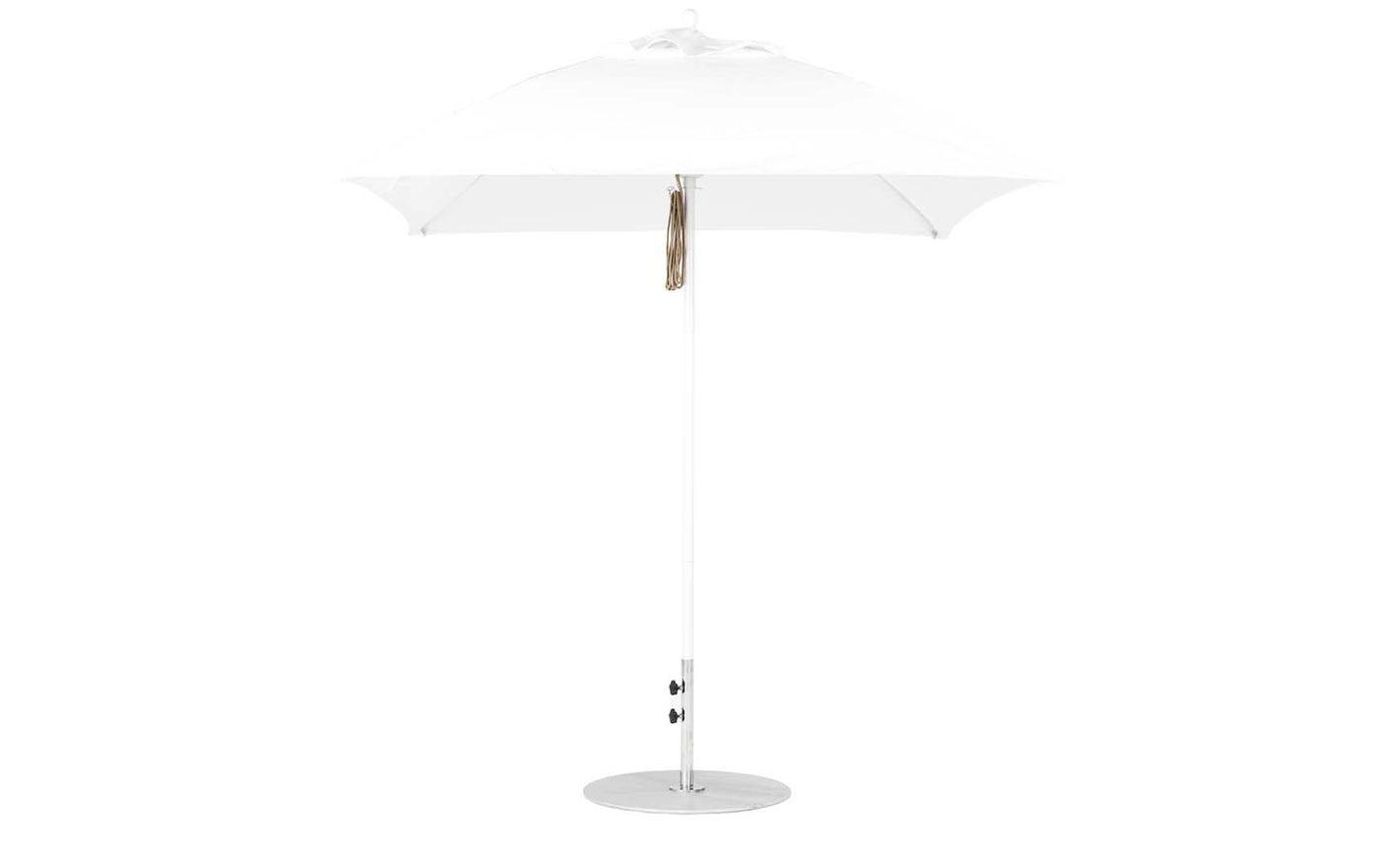 The Ledge Lounger Essential Fiberglass Umbrella - 7.5 Square Pulley boasts a sleek, modern design with marine-grade fabrics, a straight pole, and circular metallic base. Its visible handle below the canopy ensures durability and style for any outdoor setting.