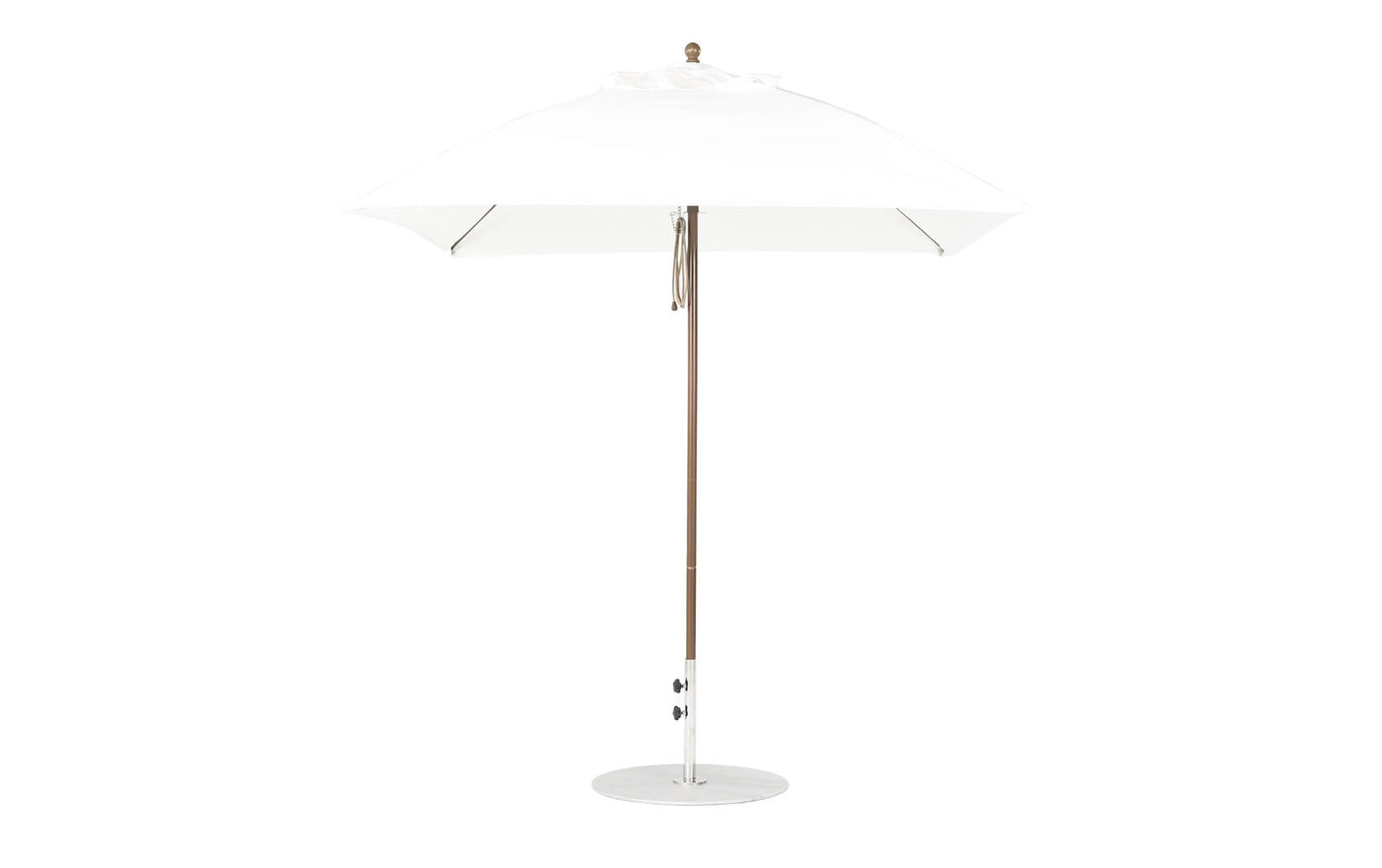 The Ledge Lounger Essential Fiberglass Umbrella - 7.5 Square Pulley features a marine-grade fabric canopy providing reliable shade, a metal pole, and circular base. Its minimalistic design makes it ideal for outdoor settings.