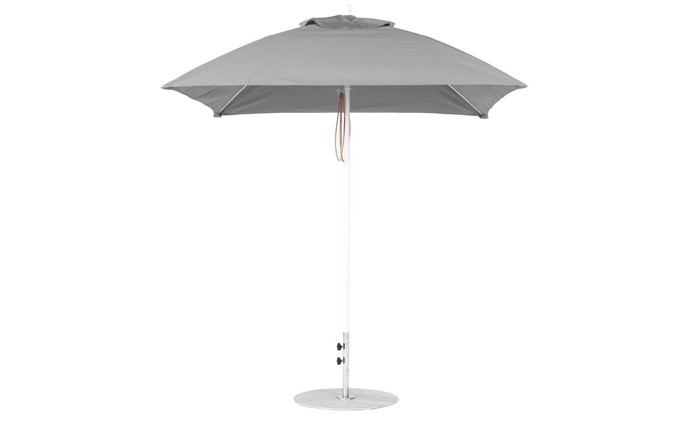 The Ledge Lounger Essential Fiberglass Umbrella - 7.5 Square Pulley, made with marine-grade fabrics, features a straight white pole, round base, short handle with beige strap, and slightly rounded cap. It is perfect for patios and integrates smoothly into the Umbrella Compatibility Matrix.
