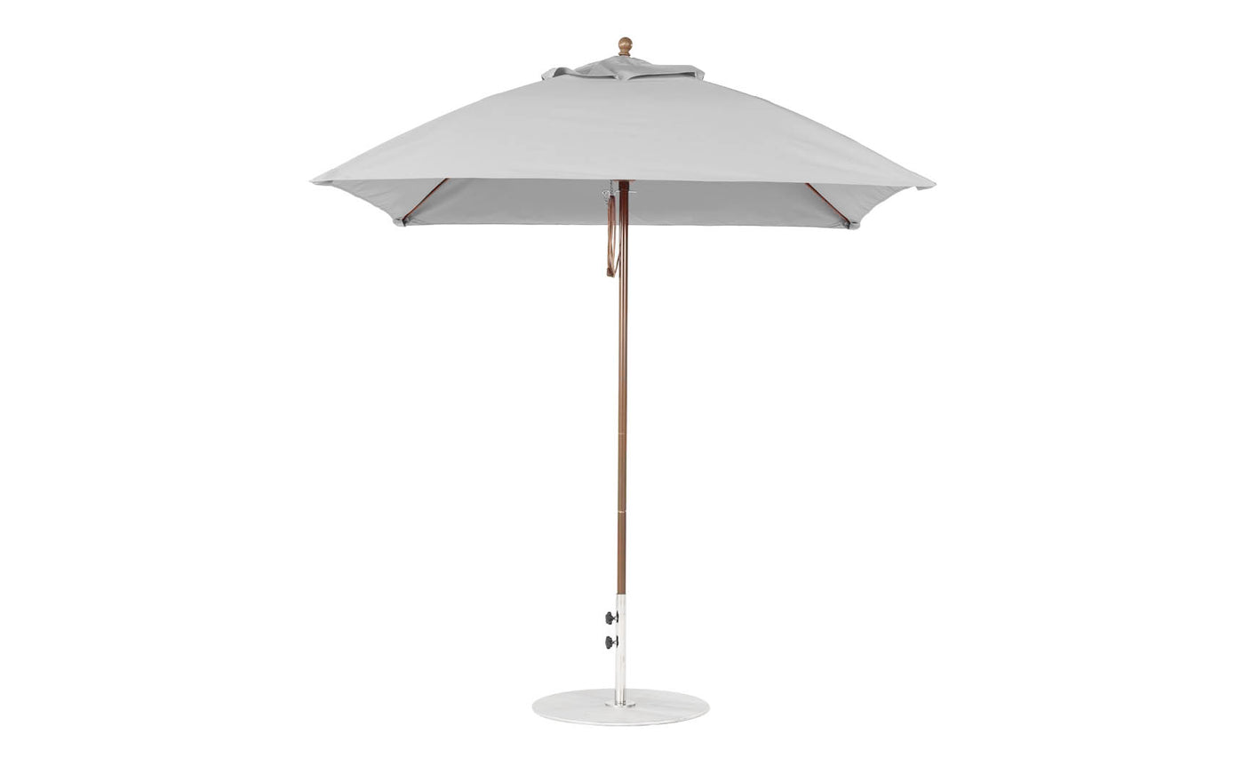 The Ledge Lounger Essential Fiberglass Umbrella - 7.5 Square Pulley, made with marine-grade fabric, features a wooden pole and metal base. Set against a white background, its gray design highlights its simplicity and sturdiness when fully open.